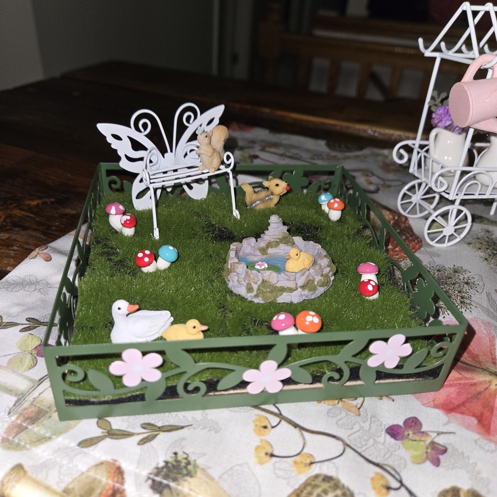 Miniature Garden with Ducks and Mushrooms